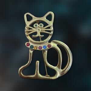 Gold Tone Vintage Cat with Colored Rhinestone Collar Brooch